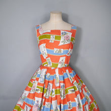 Load image into Gallery viewer, 50s RED NOVELTY BUTTERFLY AND VICTORIAN LADIES PRINT DRESS - XS