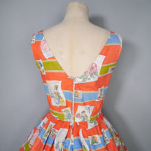 Load image into Gallery viewer, 50s RED NOVELTY BUTTERFLY AND VICTORIAN LADIES PRINT DRESS - XS