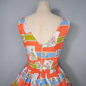 50s RED NOVELTY BUTTERFLY AND VICTORIAN LADIES PRINT DRESS - XS