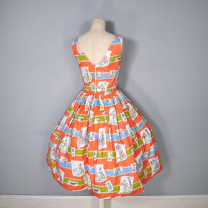 50s RED NOVELTY BUTTERFLY AND VICTORIAN LADIES PRINT DRESS - XS