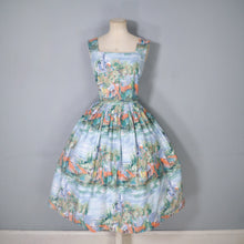 Load image into Gallery viewer, 50s SCENIC NOVELTY PRINT DRESS WITH SEASIDE CASTLE LANDSCAPE - S