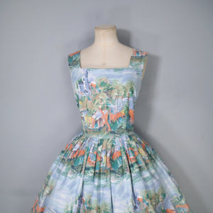 50s SCENIC NOVELTY PRINT DRESS WITH SEASIDE CASTLE LANDSCAPE - S