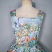 Load image into Gallery viewer, 50s SCENIC NOVELTY PRINT DRESS WITH SEASIDE CASTLE LANDSCAPE - S