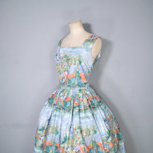 50s SCENIC NOVELTY PRINT DRESS WITH SEASIDE CASTLE LANDSCAPE - S