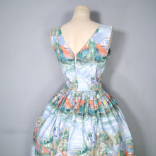 Load image into Gallery viewer, 50s SCENIC NOVELTY PRINT DRESS WITH SEASIDE CASTLE LANDSCAPE - S