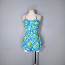 Load image into Gallery viewer, 50s 60s BLUE AND GREEN CHECK 2 PIECE SHORTS AND HALTER SUN TOP - S