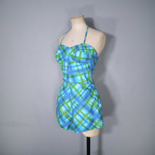 Load image into Gallery viewer, 50s 60s BLUE AND GREEN CHECK 2 PIECE SHORTS AND HALTER SUN TOP - S