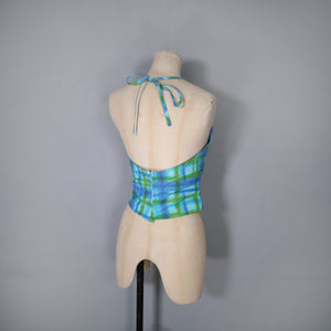 50s 60s BLUE AND GREEN CHECK 2 PIECE SHORTS AND HALTER SUN TOP - S