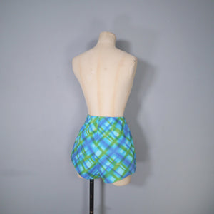 50s 60s BLUE AND GREEN CHECK 2 PIECE SHORTS AND HALTER SUN TOP - S
