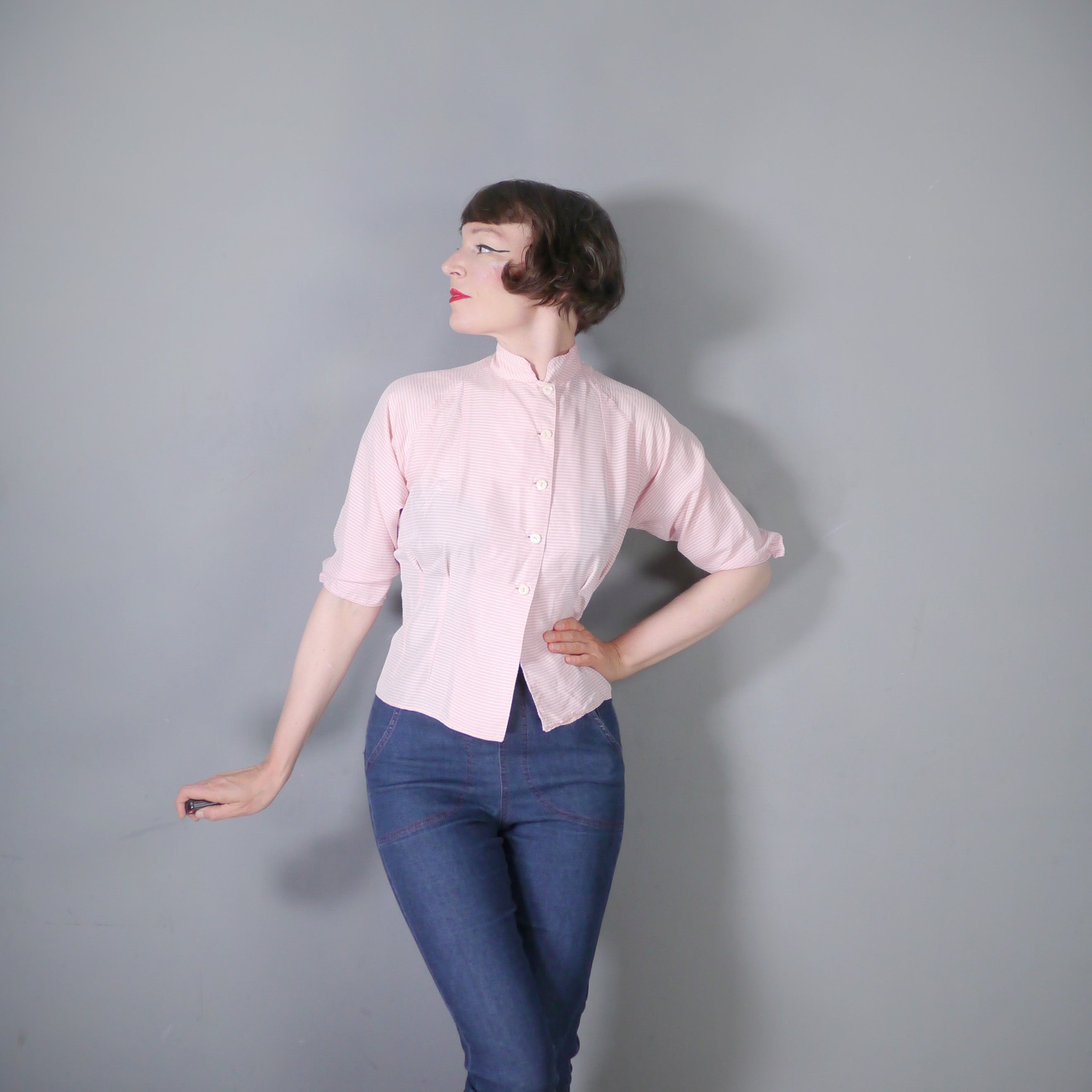 50s PALE PINK STRIPE STANDING COLLAR BLOUSE SHIRT M – Sartorial