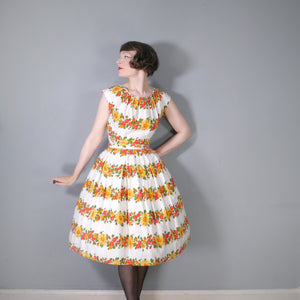 50s ST MICHAEL "MARLIN" RED YELLOW BORDER FLORAL DRESS - S