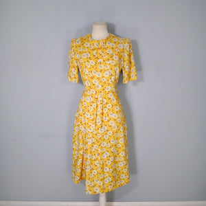 40s YELLOW FLORAL PRINT SOFT RAYON TEA DRESS - S-M