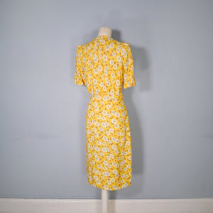 40s YELLOW FLORAL PRINT SOFT RAYON TEA DRESS - S-M