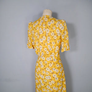 40s YELLOW FLORAL PRINT SOFT RAYON TEA DRESS - S-M