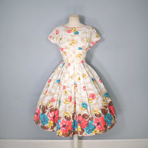 50s DUPREZ COLOURFUL BORDER FLORAL FULL SKIRTED DRESS - XS