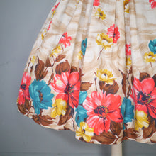 Load image into Gallery viewer, 50s DUPREZ COLOURFUL BORDER FLORAL FULL SKIRTED DRESS - XS