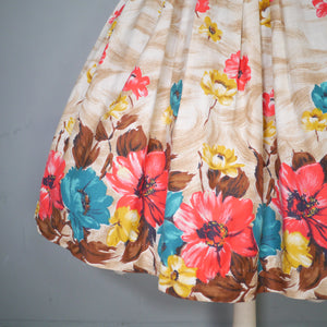 50s DUPREZ COLOURFUL BORDER FLORAL FULL SKIRTED DRESS - XS