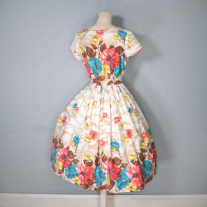 50s DUPREZ COLOURFUL BORDER FLORAL FULL SKIRTED DRESS - XS