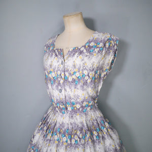 50s GREY WHITE BORDER FLORAL ST MICHAEL SHIRT WAIST DAY DRESS - S