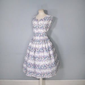 50s GREY WHITE BORDER FLORAL ST MICHAEL SHIRT WAIST DAY DRESS - S