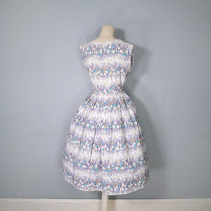 50s GREY WHITE BORDER FLORAL ST MICHAEL SHIRT WAIST DAY DRESS - S