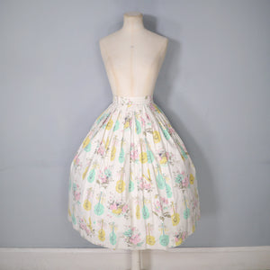 50s PASTEL NOVELTY SKIRT WITH BUTTERFLIES, MANDOLINS AND FRUIT BASKETS - 24"