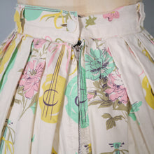 Load image into Gallery viewer, 50s PASTEL NOVELTY SKIRT WITH BUTTERFLIES, MANDOLINS AND FRUIT BASKETS - 24&quot;