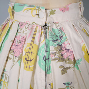 50s PASTEL NOVELTY SKIRT WITH BUTTERFLIES, MANDOLINS AND FRUIT BASKETS - 24"