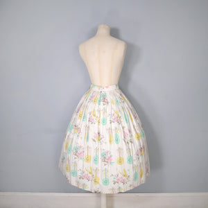 50s PASTEL NOVELTY SKIRT WITH BUTTERFLIES, MANDOLINS AND FRUIT BASKETS - 24"