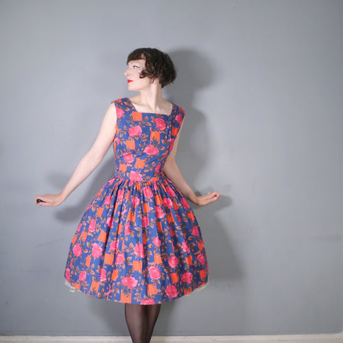 50s NAVY BLUE PINK ROSE AND SQUARE PRINT COTTON DRESS - L