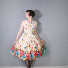 Load image into Gallery viewer, 50s DUPREZ COLOURFUL BORDER FLORAL FULL SKIRTED DRESS - XS