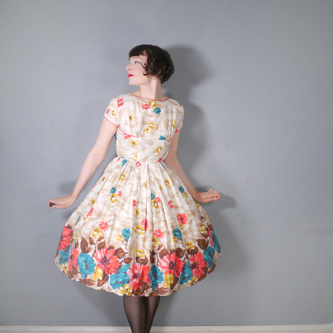 50s DUPREZ COLOURFUL BORDER FLORAL FULL SKIRTED DRESS - XS