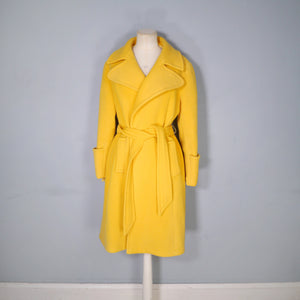 70s BRIGHT YELLOW PURE WOOL WRAP COAT WITH BELT - M