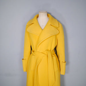 70s BRIGHT YELLOW PURE WOOL WRAP COAT WITH BELT - M