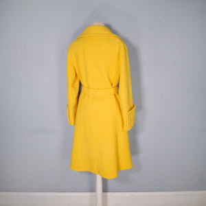 70s BRIGHT YELLOW PURE WOOL WRAP COAT WITH BELT - M