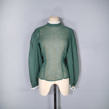 Load image into Gallery viewer, 70s DARK GREEN SEMI SHEER LACE TRIMMED VICTORIAN STYLE GOVERNESS BLOUSE - XS