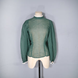 70s DARK GREEN SEMI SHEER LACE TRIMMED VICTORIAN STYLE GOVERNESS BLOUSE - XS