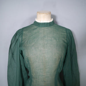 70s DARK GREEN SEMI SHEER LACE TRIMMED VICTORIAN STYLE GOVERNESS BLOUSE - XS