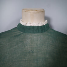 Load image into Gallery viewer, 70s DARK GREEN SEMI SHEER LACE TRIMMED VICTORIAN STYLE GOVERNESS BLOUSE - XS