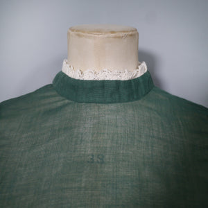 70s DARK GREEN SEMI SHEER LACE TRIMMED VICTORIAN STYLE GOVERNESS BLOUSE - XS