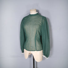 Load image into Gallery viewer, 70s DARK GREEN SEMI SHEER LACE TRIMMED VICTORIAN STYLE GOVERNESS BLOUSE - XS