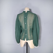 Load image into Gallery viewer, 70s DARK GREEN SEMI SHEER LACE TRIMMED VICTORIAN STYLE GOVERNESS BLOUSE - XS