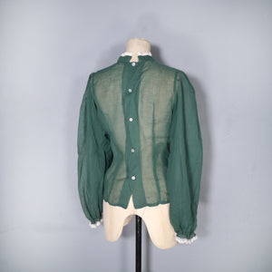 70s DARK GREEN SEMI SHEER LACE TRIMMED VICTORIAN STYLE GOVERNESS BLOUSE - XS