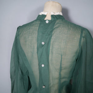 70s DARK GREEN SEMI SHEER LACE TRIMMED VICTORIAN STYLE GOVERNESS BLOUSE - XS