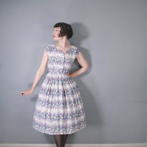 50s GREY WHITE BORDER FLORAL ST MICHAEL SHIRT WAIST DAY DRESS - S