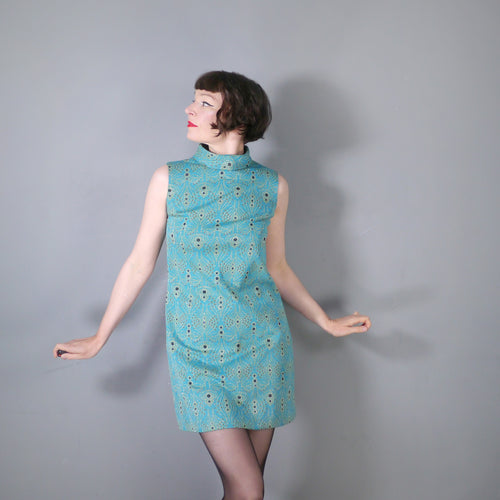 60s TURQUOISE AND GOLD ART DECO PATTERN GOGO SHIFT DRESS - S