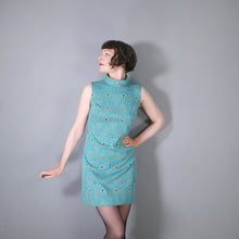 Load image into Gallery viewer, 60s TURQUOISE AND GOLD ART DECO PATTERN GOGO SHIFT DRESS - S