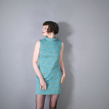 Load image into Gallery viewer, 60s TURQUOISE AND GOLD ART DECO PATTERN GOGO SHIFT DRESS - S