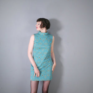 60s TURQUOISE AND GOLD ART DECO PATTERN GOGO SHIFT DRESS - S