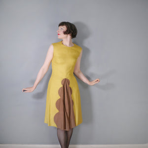 60s STRIKING MUSTARD YELLOW LINEN WITH COLOURBLOCK SCALLOP PLEAT - S